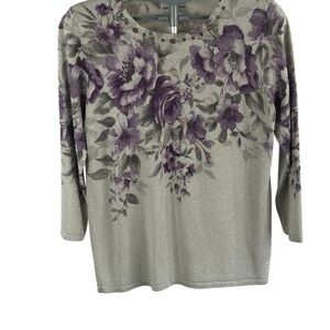 Women’s Floral Glitter Knit Top with Embellished Neckline - Purple/Gray